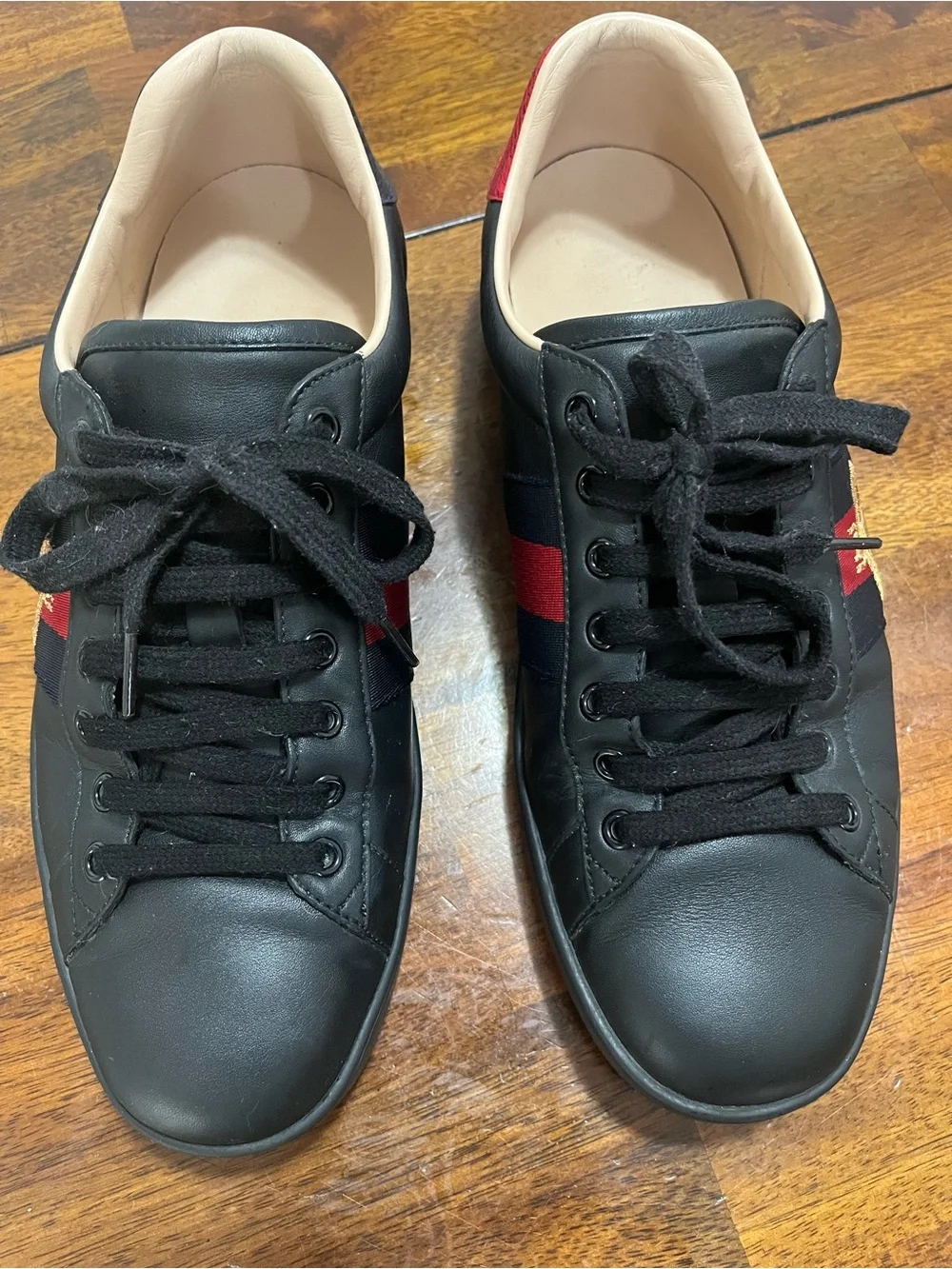 Gucci Black Leather Sneakers with Red & Blue  Stripes and Bee On Side